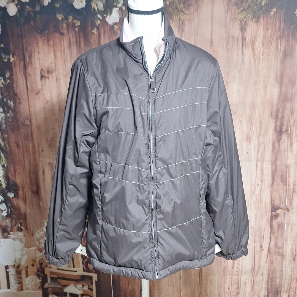 Free country XL brown puffer reversible jacket, pink fleece other side